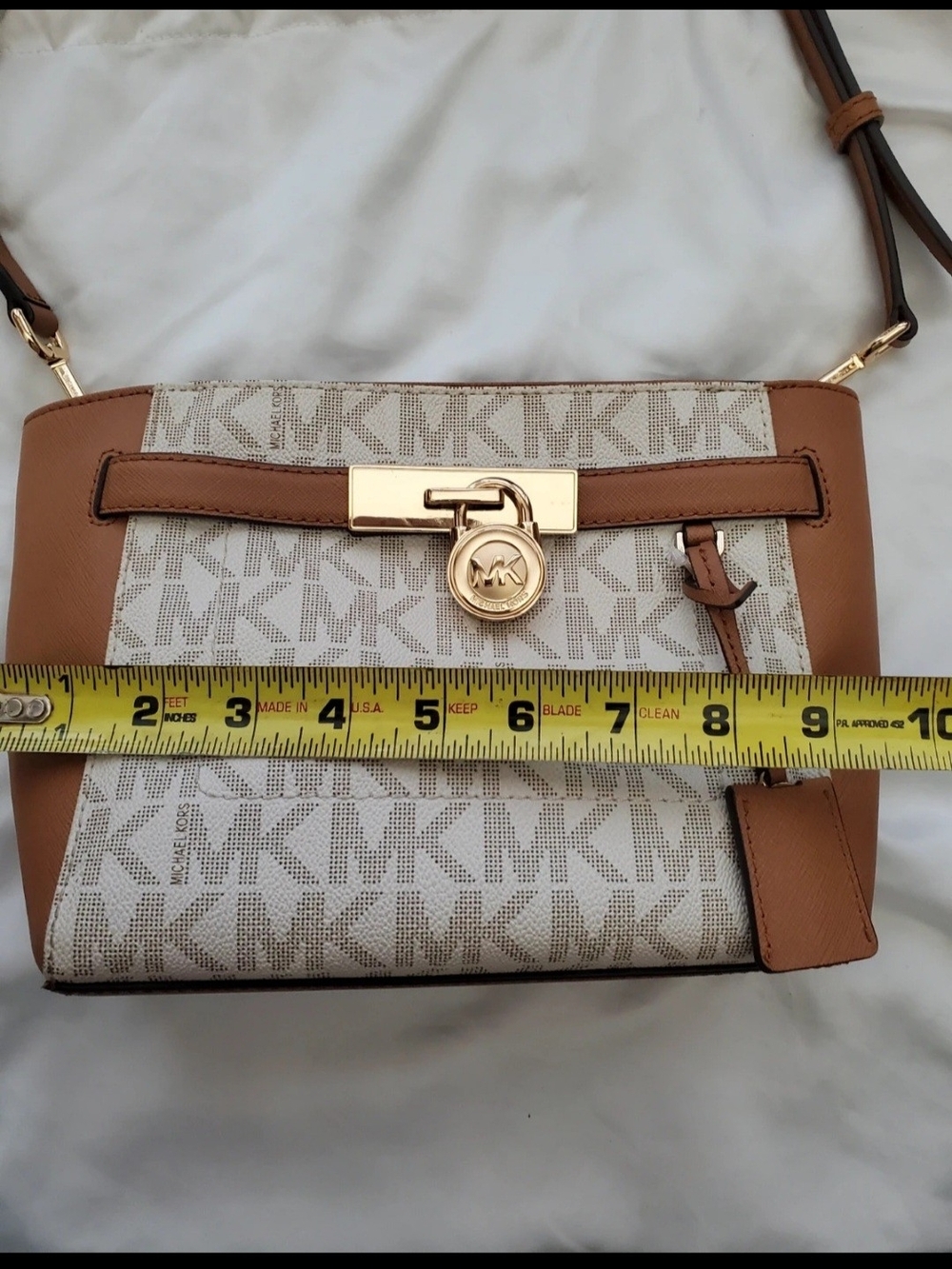 Michael Kors Beige and Tan MK Logo Crossbody with Gold Accent